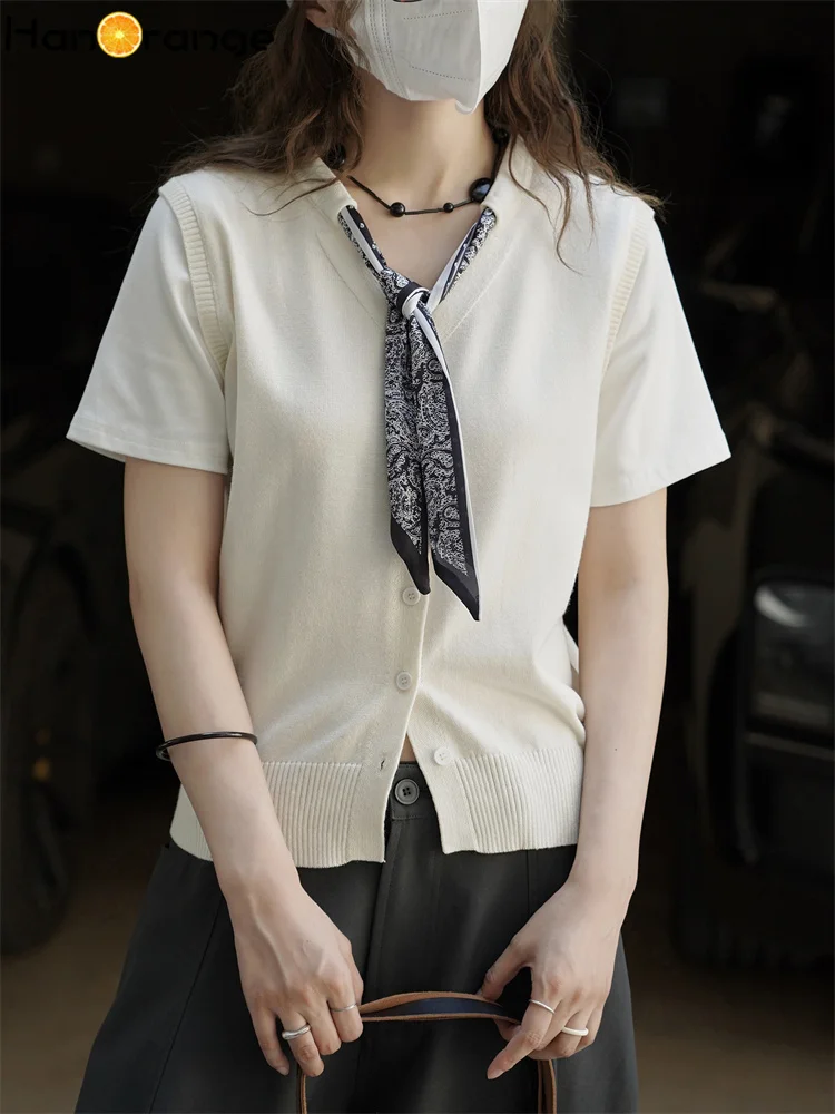 HanOrange 2025 Autumn Age Reduction Silk Scarf Knitted T-shirt Women Fake Two Short Sleeved Top Off White/Dark Gray/Coffee