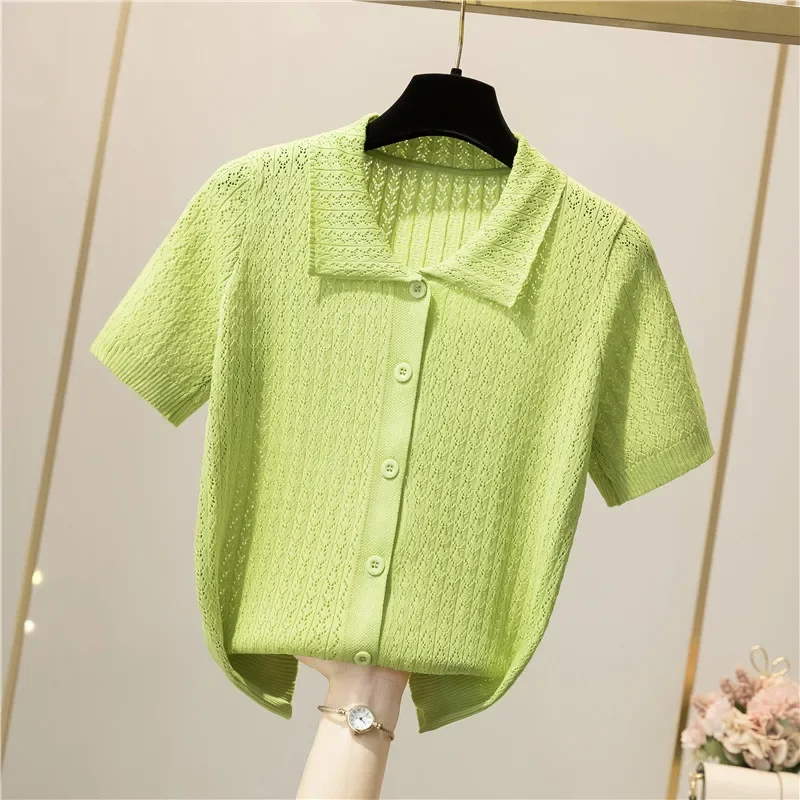 2024 Knitting Women\'s Ribbed Button Up Polo Shirt Female Chic Solid Short Sleeve Green Top Hollow Out Tees Purple Clothing ZL405