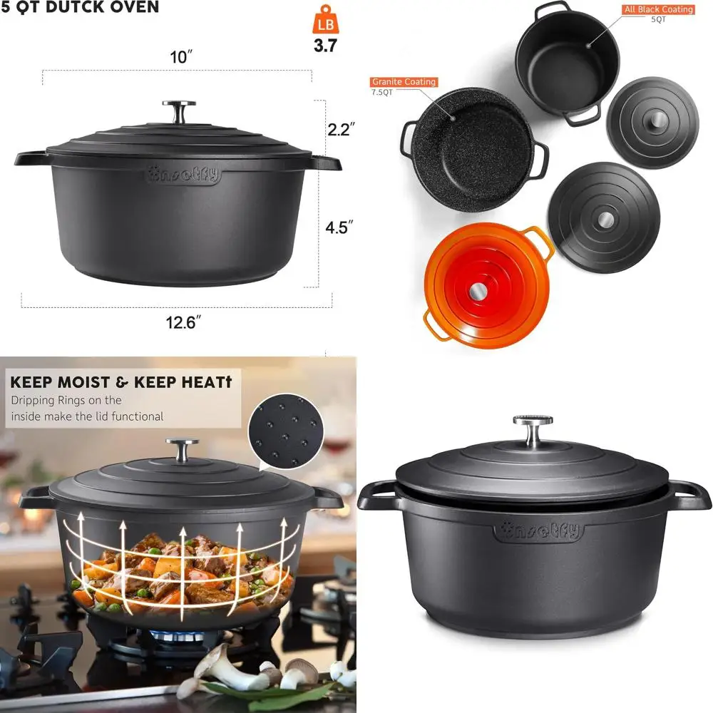 

Легкая чугунная кастрюля-духовка на 5 кварт с крышкой, идеально подходит для запекания, тушения и жарки (черная)