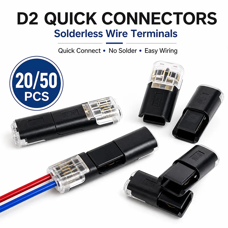 D2 Solderless Quick Connect Wire Terminals 20/50Pcs Set No Tools Snap-on Electrical Cable Joiner for Auto Home Circuit Repair