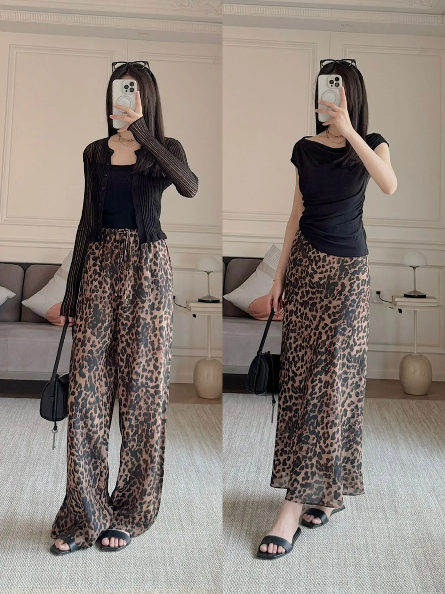 

Summer Leopard Print 4mm Silk Double Gauze Silk Leopard Print orts Wide Leg Pants f Skirt Casual Women's Clothing
