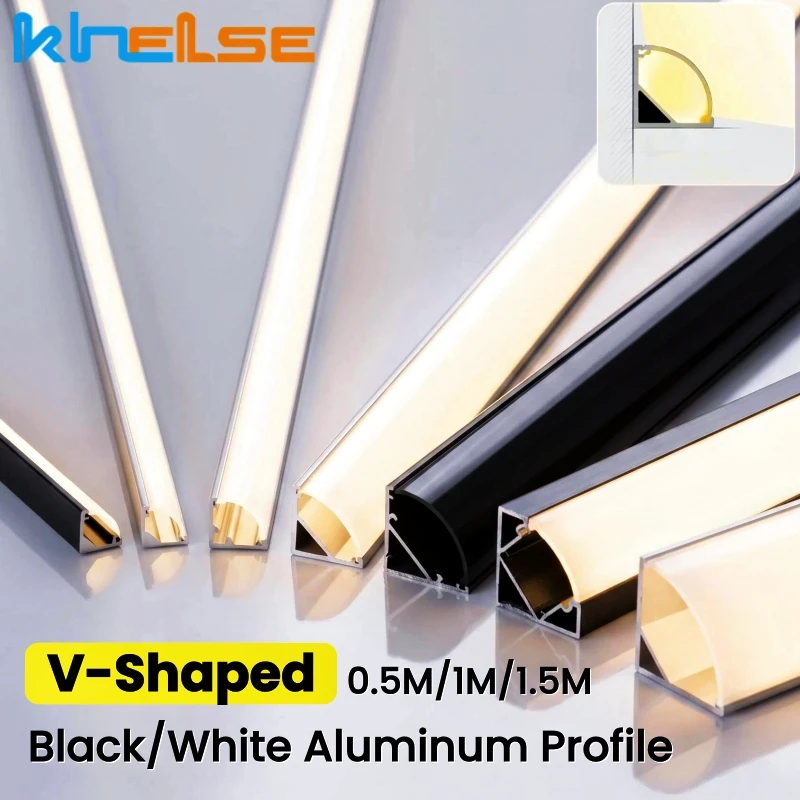 Angled Glow Black/White LED Aluminum Profile V-Shaped Corner Aluminum Channel With Diffuser Ceiling Wall Mounted Bar Strip Light