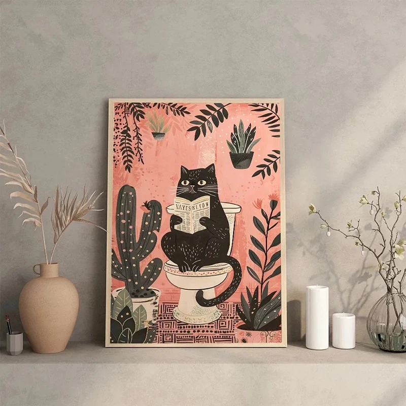 Funny Black Cat On The Toilet Reading Poster Animal Bath Prints Canvas Painting Wall Art Pictures for Toilet WC Bathroom Decor