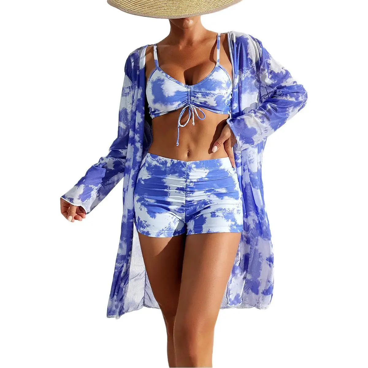 

Купальник-бикини из трех частей с принтом, скрывающий живот, с длинными рукавами, рубашка-накидка, купальник с эффектом тай-дай, женский купальник для горячих источников, скрывающий живот.