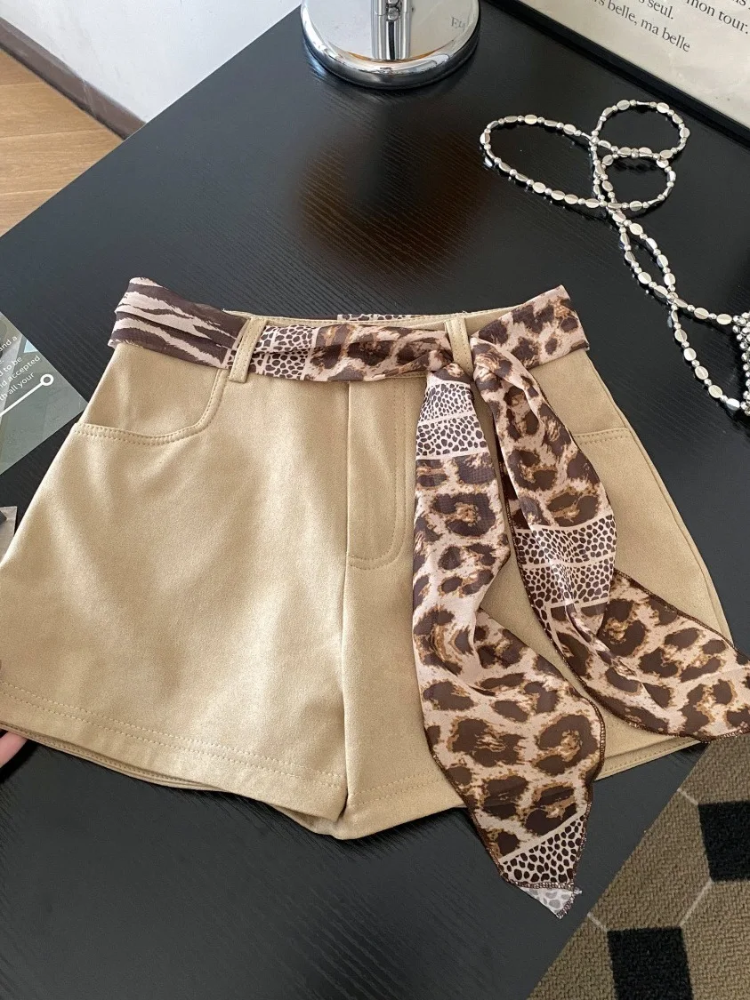 Khaki Suede Short Pants Women's Autumn Winter New Leopard Print Silk Scarf Belt Sexy Commute Versatile High-End Feeling Hot P...