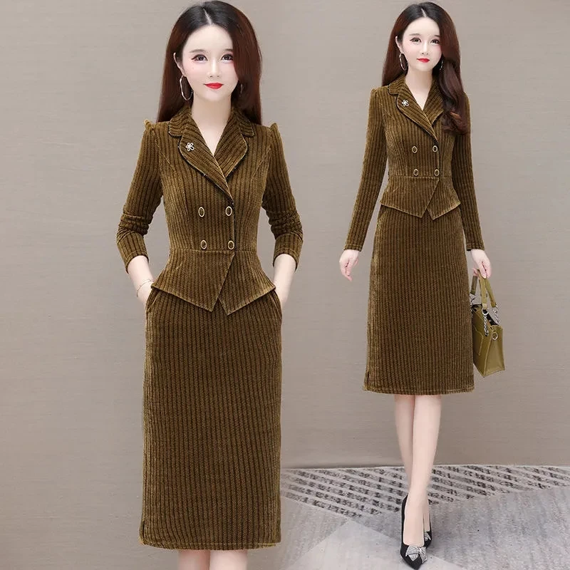 Slim Corduroy Skirt 2 Piece Set Short Blazer Jacket + Straight Midi Faldas Ensembles Plus Size 4xl Elegant Women Skirts Conjunto