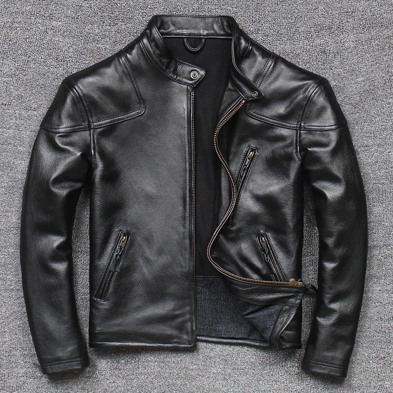 

Men's Biker Jacket Top Layer Cowhide Genuine Leather Stand Collar Spring Autumn Outerwear Fashionable Slim Fit Short Style
