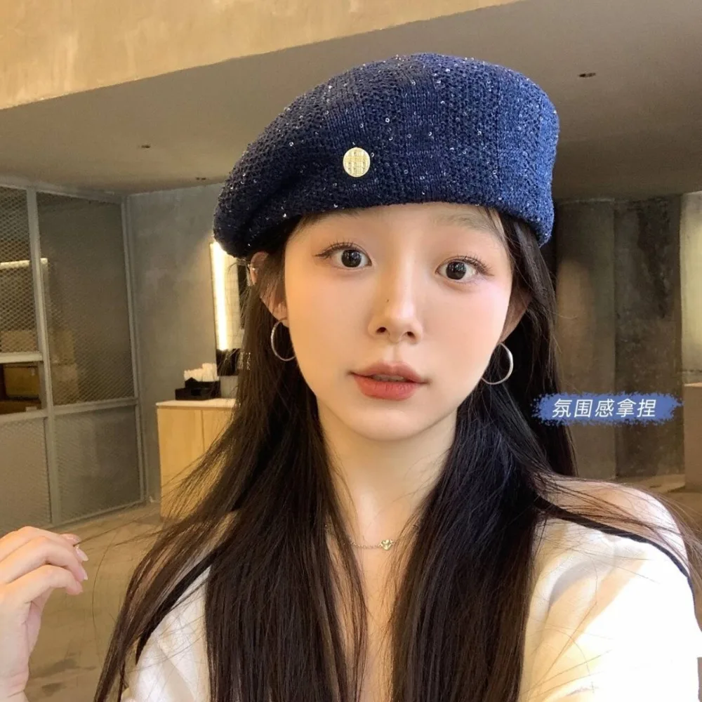 

Brimless Cap Breathable Sequin Beret Hat Hollowed Out Japanese Style Weave Hat Painter Hat Vintage Crochet Knitted Cap Beach