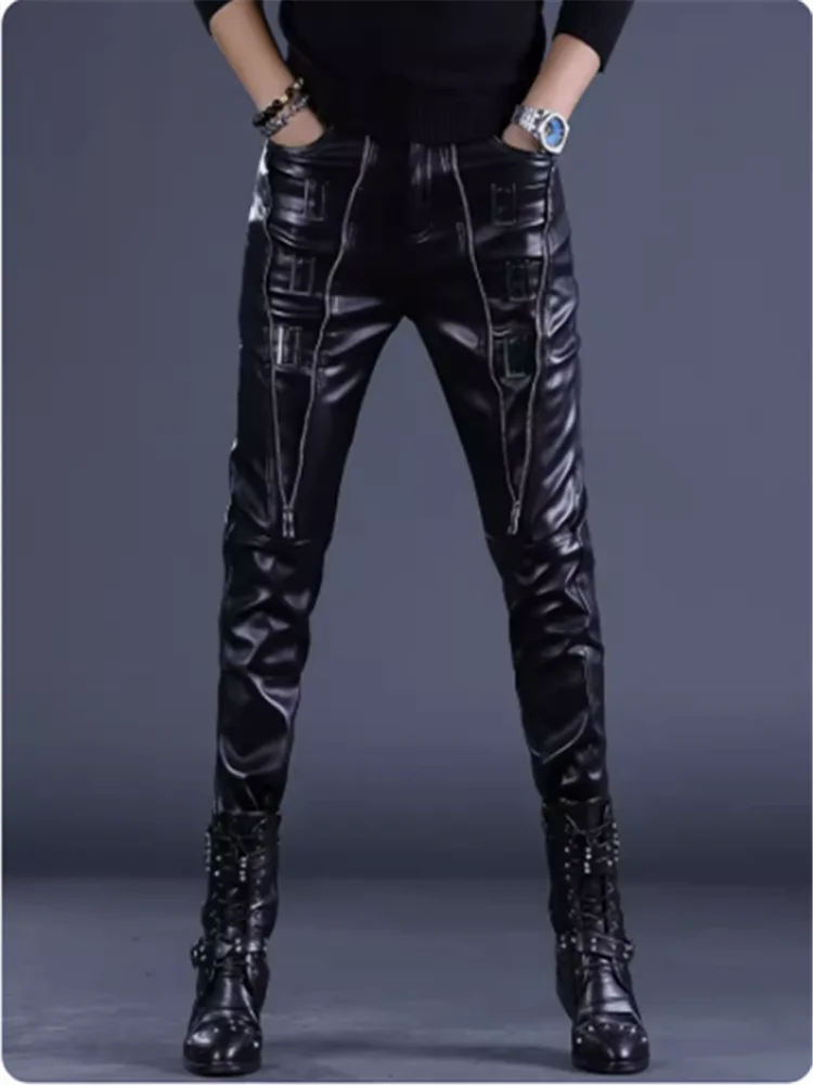 

Autumn and winter men's leather pants stage show men's pants Autumn and winter motorcycle riding windproof warm men's pants men