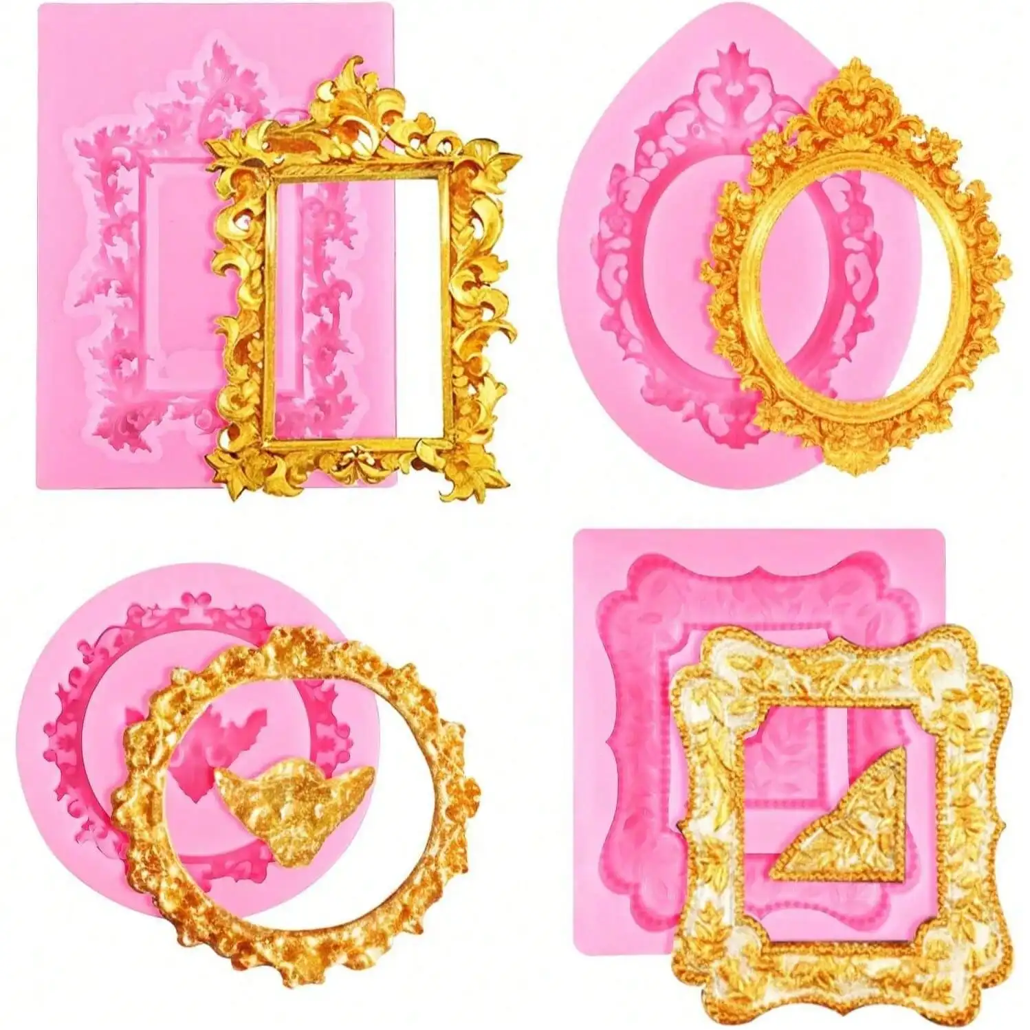 4 Stile Silikonrahmen-Schokoladenform, Barocke Tonformen für Fondant, Rahmenform für Basteln, Backen, Cupcake-Topper, Dekoration