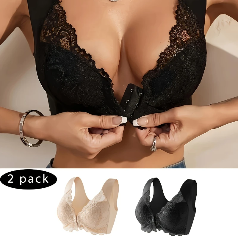 2 Pcs Womens No Steel Ring Front Close Bra Lingerie T Back Seamless Unlined Bra For Large Bust Low Sports Bra Lace Plus Size Bra