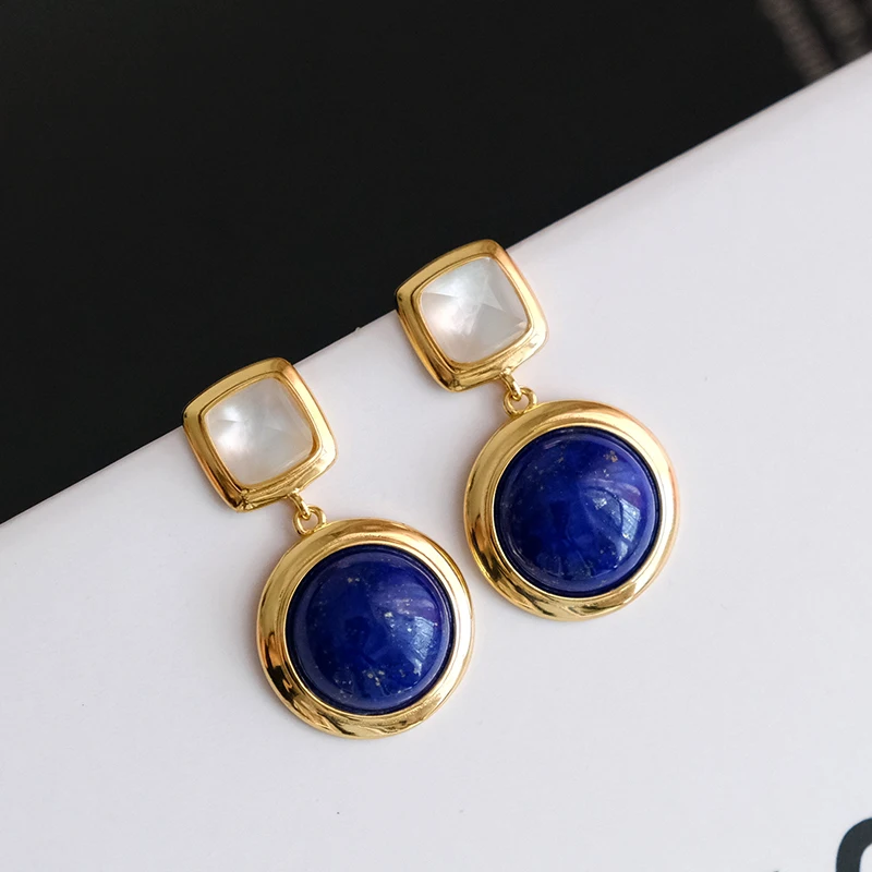 

Серьги-гвоздики из натурального лазурита, подвеска, женские серьги из стерлингового серебра, нишевый дизайн, высококачественные серьги с белыми кристаллами