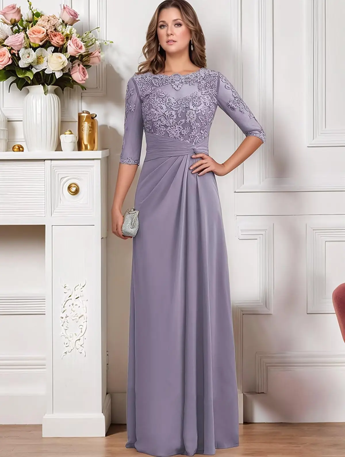 

Chiffon Mother of The Bride Dresses Long Lace Appliques Ruffle Half Sleeve Formal Evening Dresses for Women