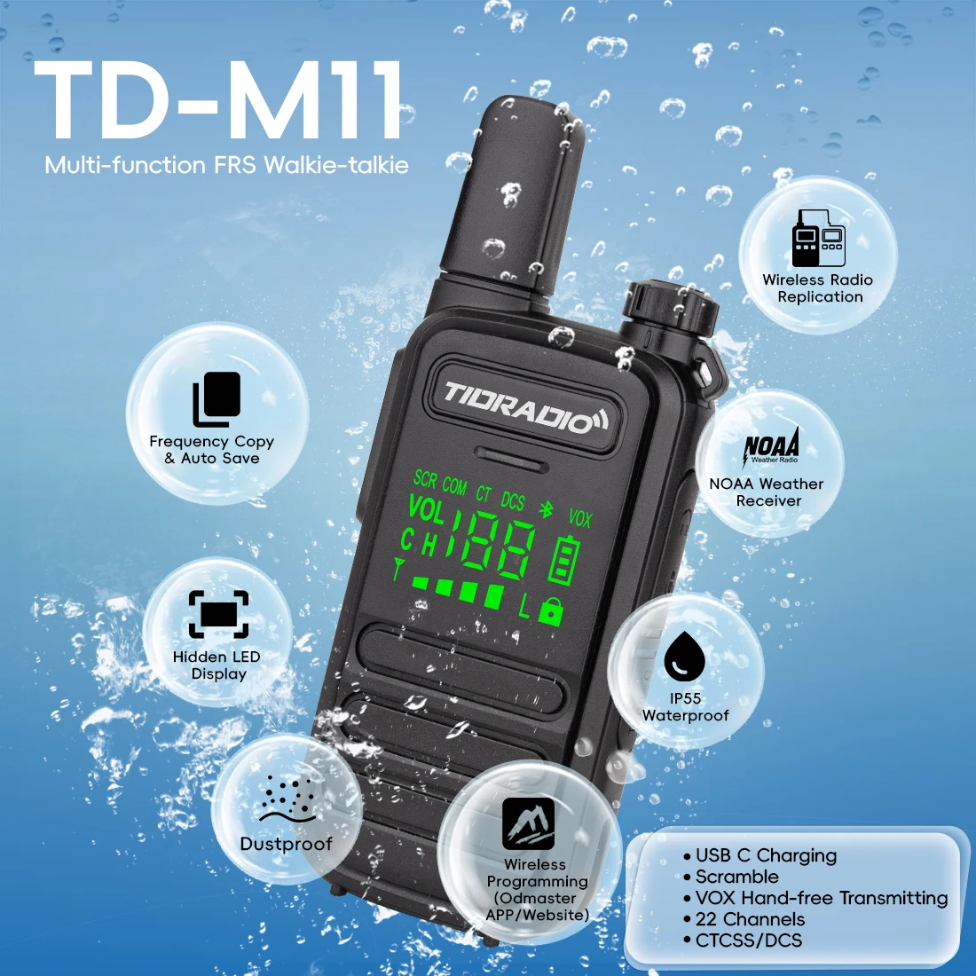 TIDRADIO 2PCS TD-M11 Walkie Talkies IP55 Waterproof Licence Free Mini Walkie Talkies PMR FRS Long Range Communication Radio