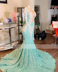 Sparkly Sequined Mint Green Prom Dress Pearls Beading Mermaid Appliques Embroidery Formal Party Evening Gowns Vestido De Fiesta