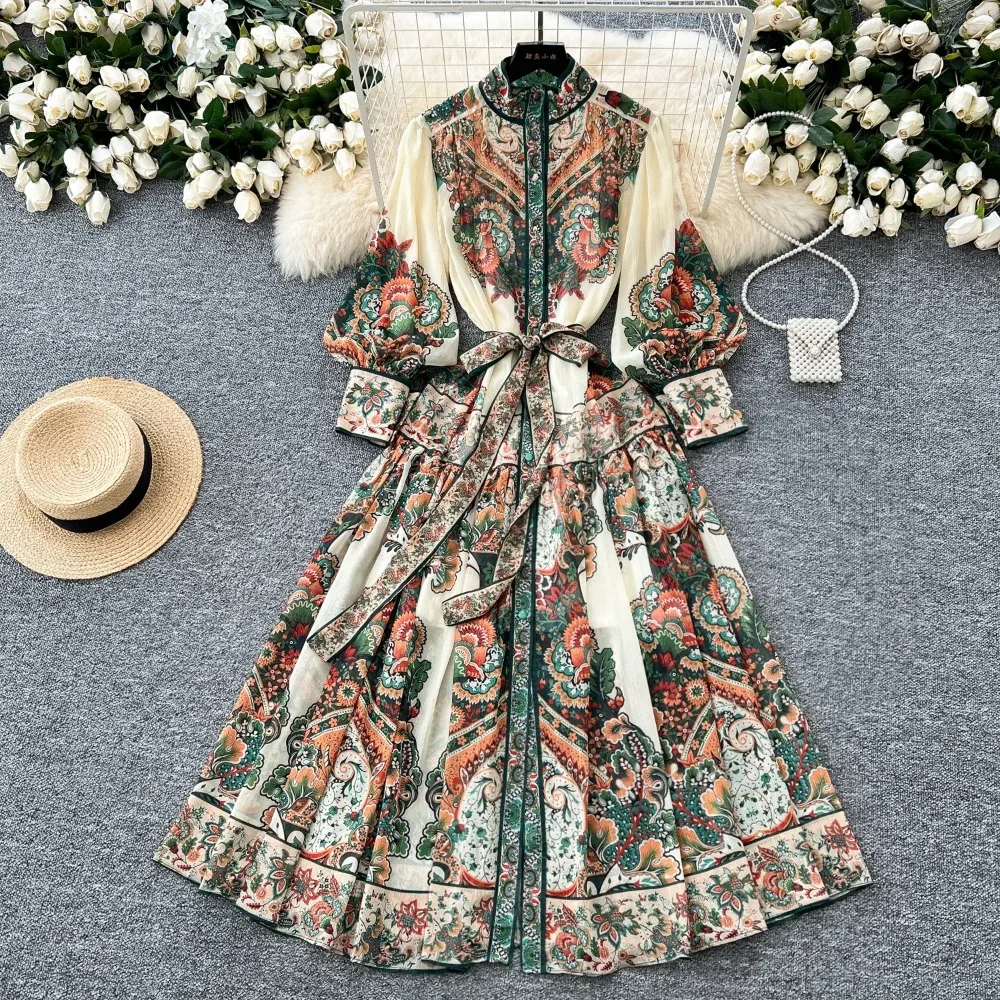 시크한 프린트 기본 스탠드 넥 슬림 싱글 브레스트 랜턴 슬리브, 레이스업 원피스 빈티지 여성 하이 스트리트 이브닝 파티 의류