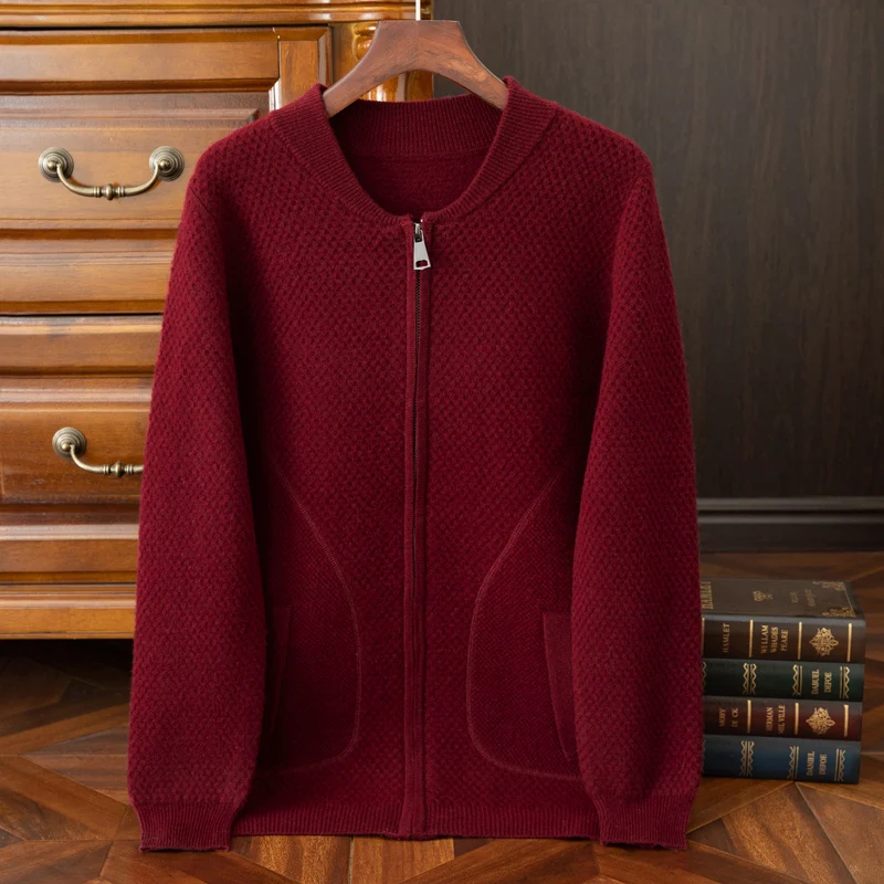 Autumn And Winter New Men's Thick 100% Pure Wool Knitted Cardigan Sweater Business Casual Shirt Collar Coat