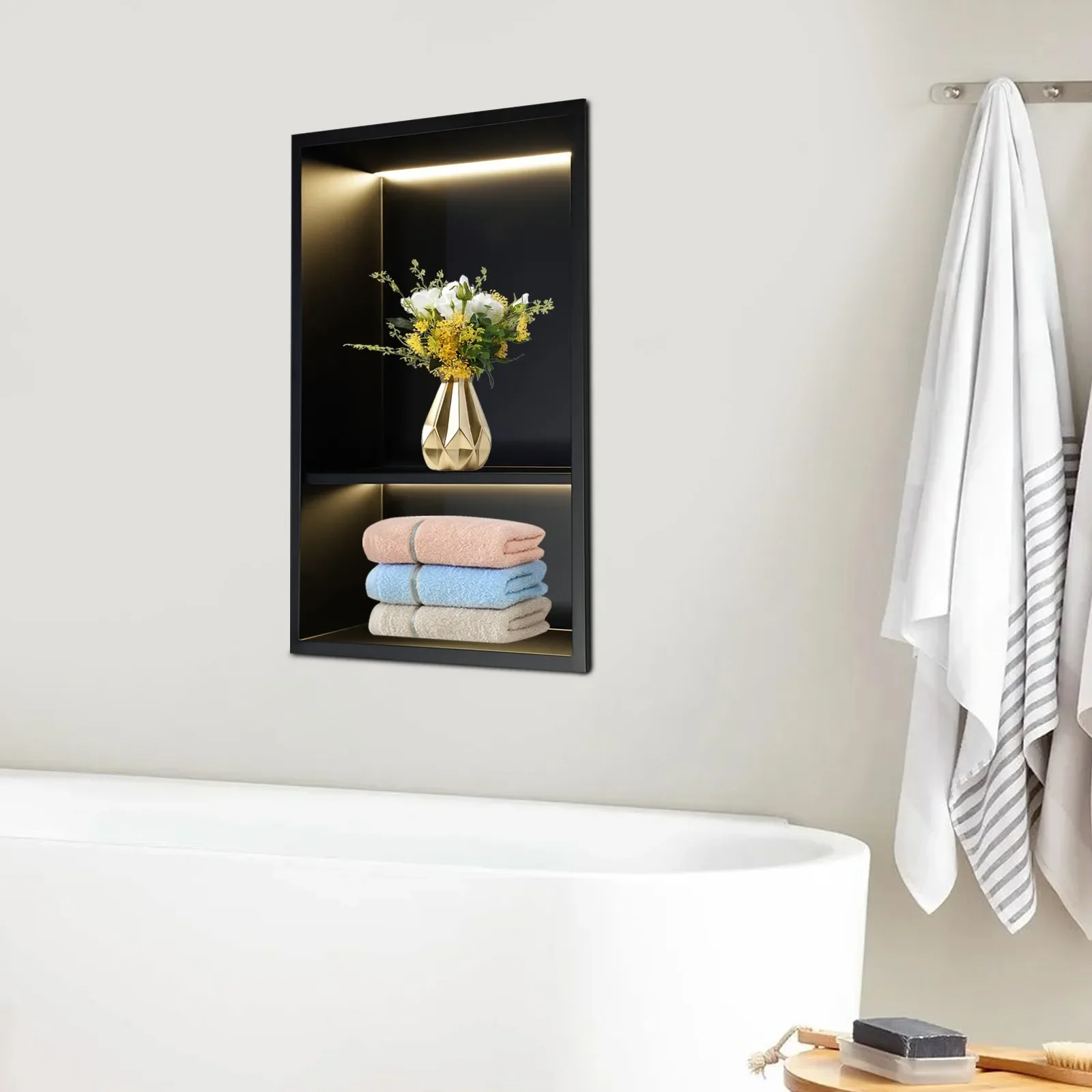 

Stainless Steel Shower Niche Bathroom Wall Storage 2 Tier Wall Niche with LED Light