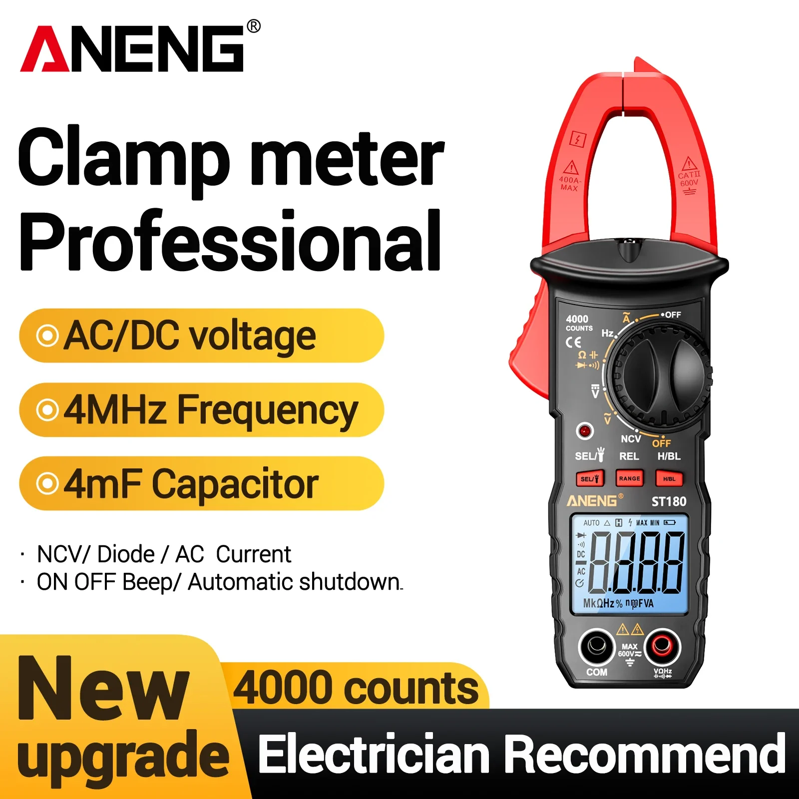 Multi functional digital clamp meter ANENG ST180 capacitor frequency measurement 4.0cm large clamp low power automatic shutdown