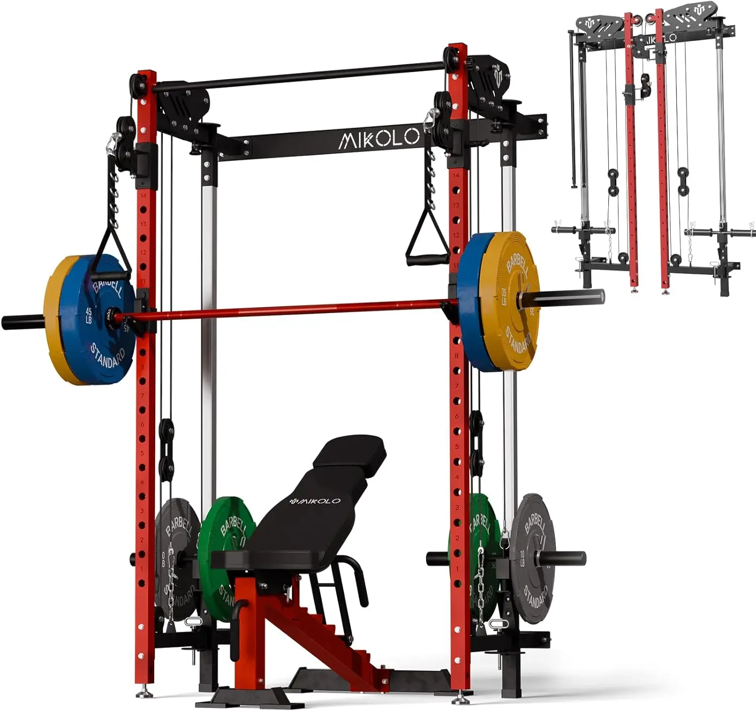 

Mikolo Folding Squat Rack, Wall Mounted Power Rack with Cable Crossover Machine & LAT Pull Down Machines, Functional Trainer