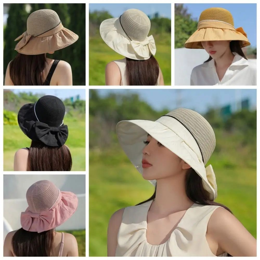 Casual Wide Brim Bow Fisherman Hat Breathable Bow Sunscreen Bucket Hat Exquisite Sunscreen Camping Cap For Women