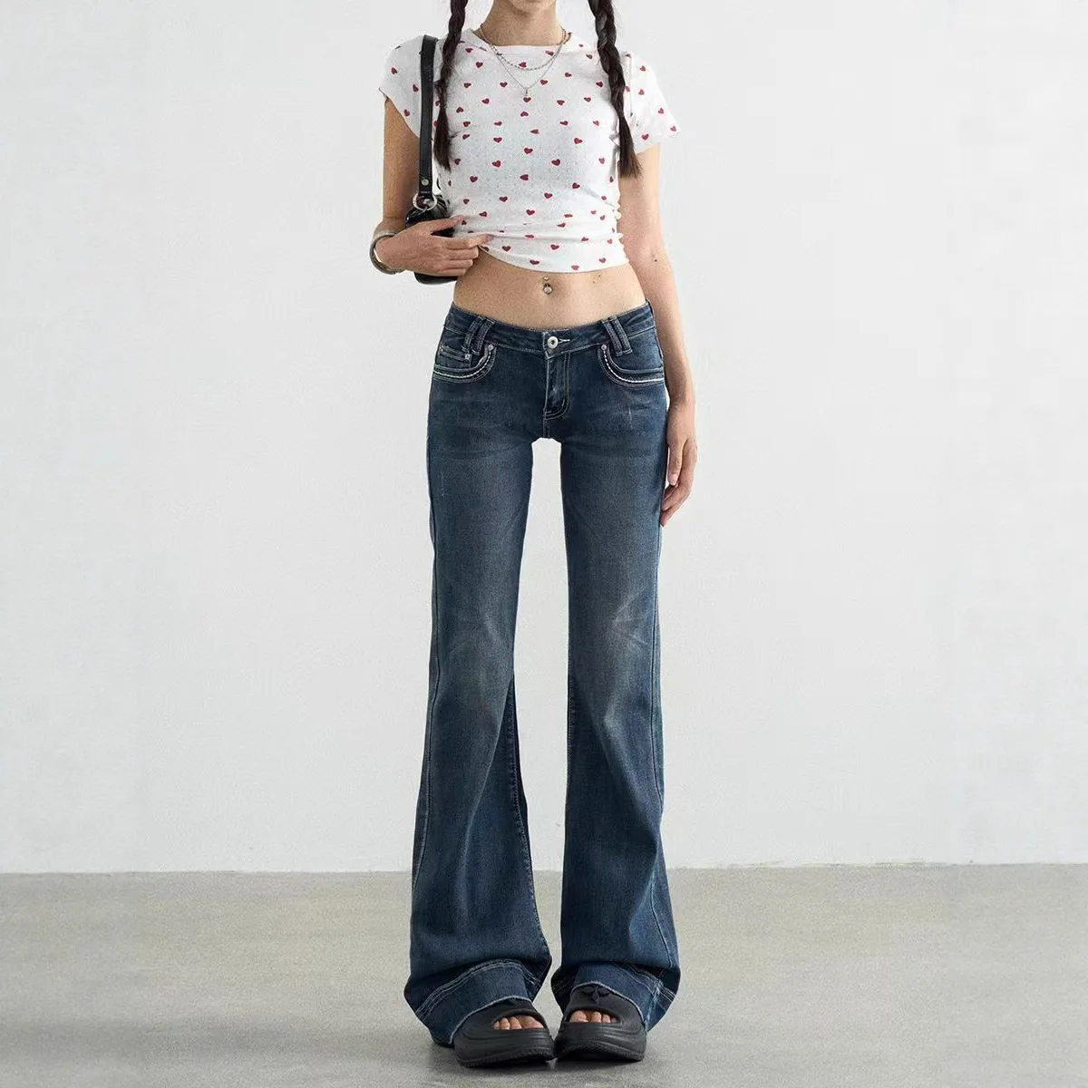 

2026 Summer Women Low Waist Stretch Bootcut Jeans Vintage Washed Blue Y2K Baddie Floor Length Denim Pants