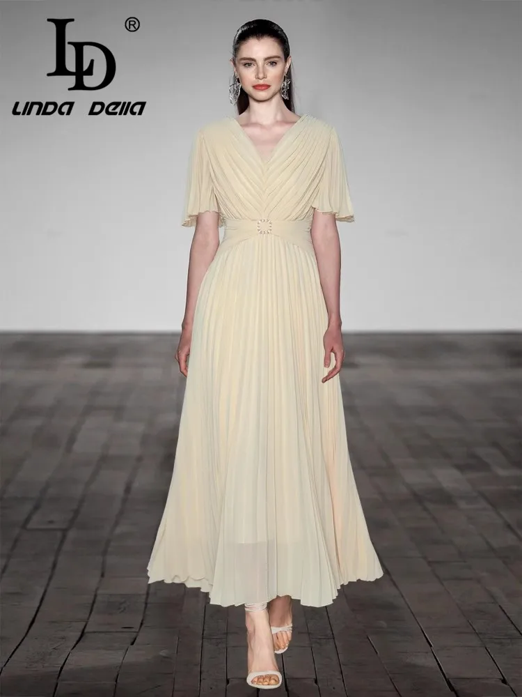 

LD LINDA DELLA Horn Short Sleeved Pleated Waist Cinching Princess Style Simple Dress 2025 Summer New Style
