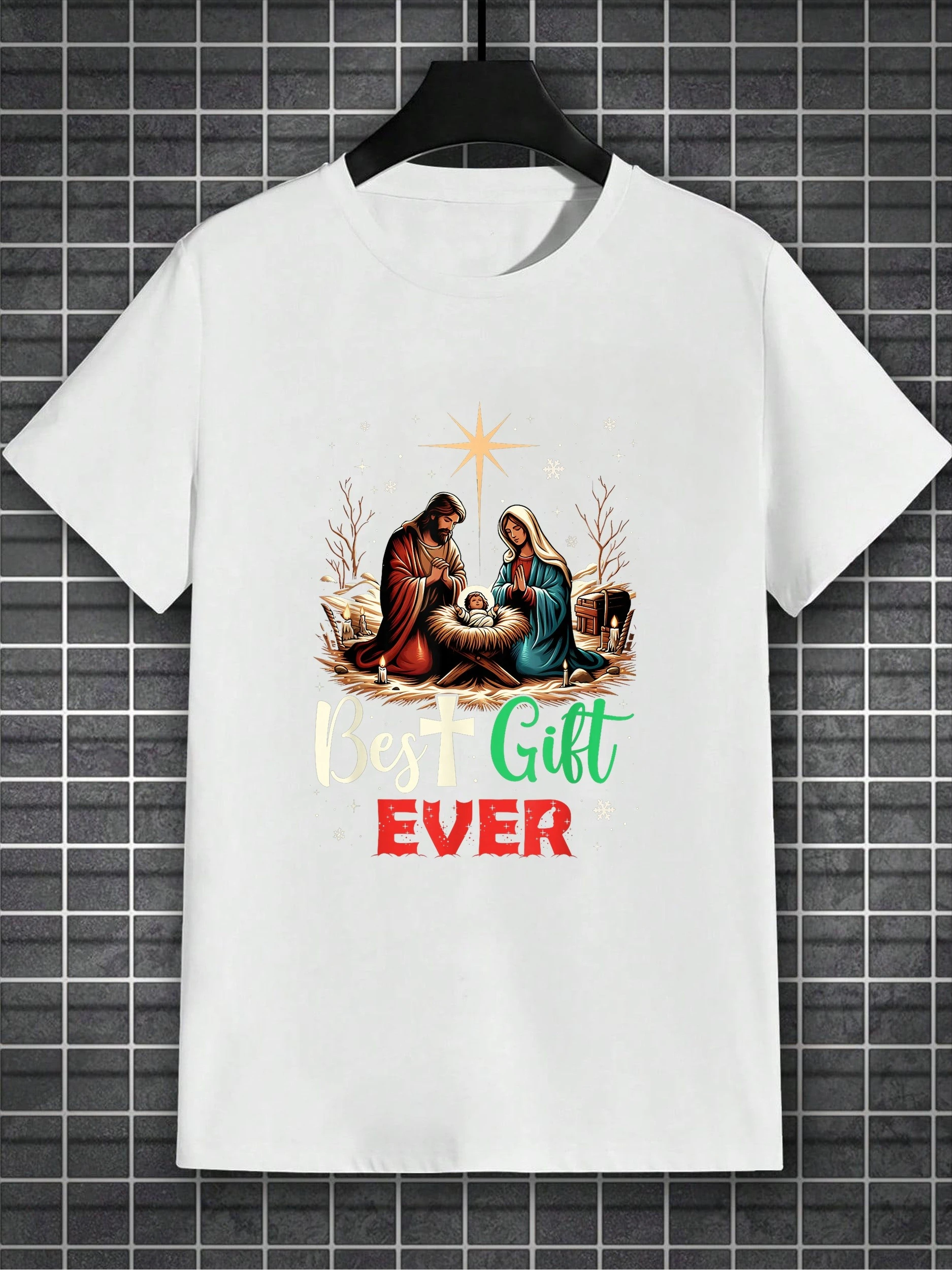 

Men's & Women's Cotton White Jesus Nativity Scene T-Shirt - 3D All-Over Print Christian Religious Tee with Mary & Jesus Unisex