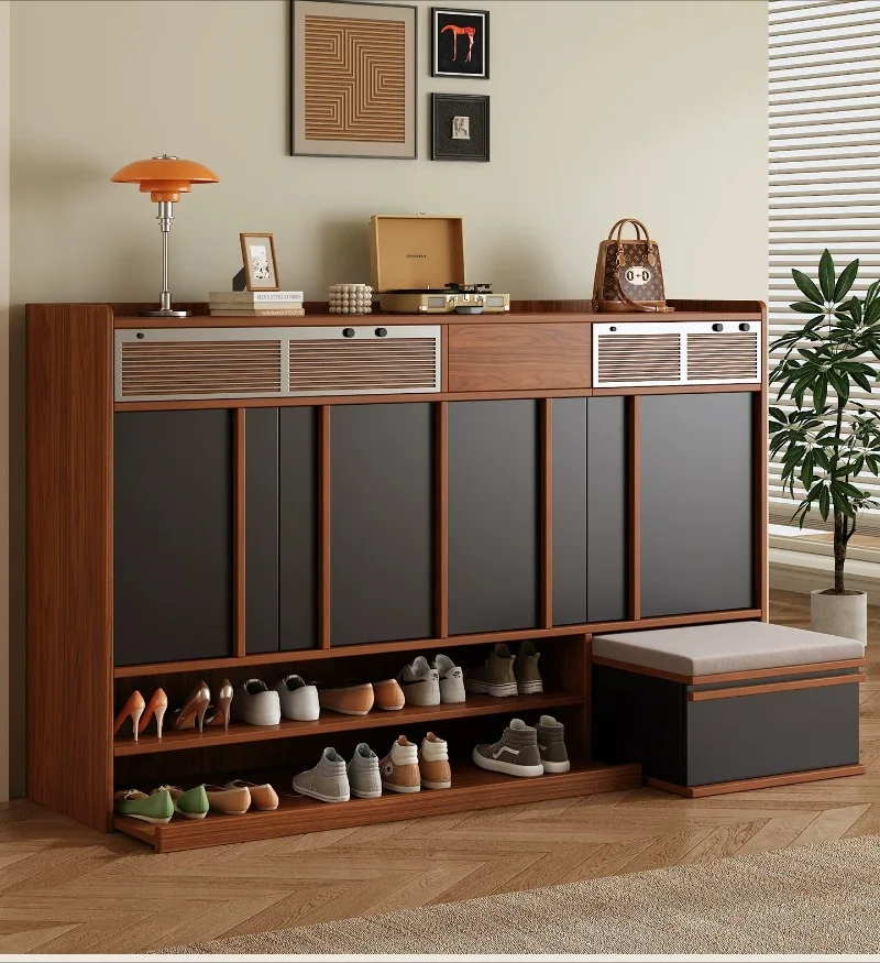 SCY solid wood medieval shoe cabinet integrated with home entrance against the wall, shoe rack, shoe change and stool