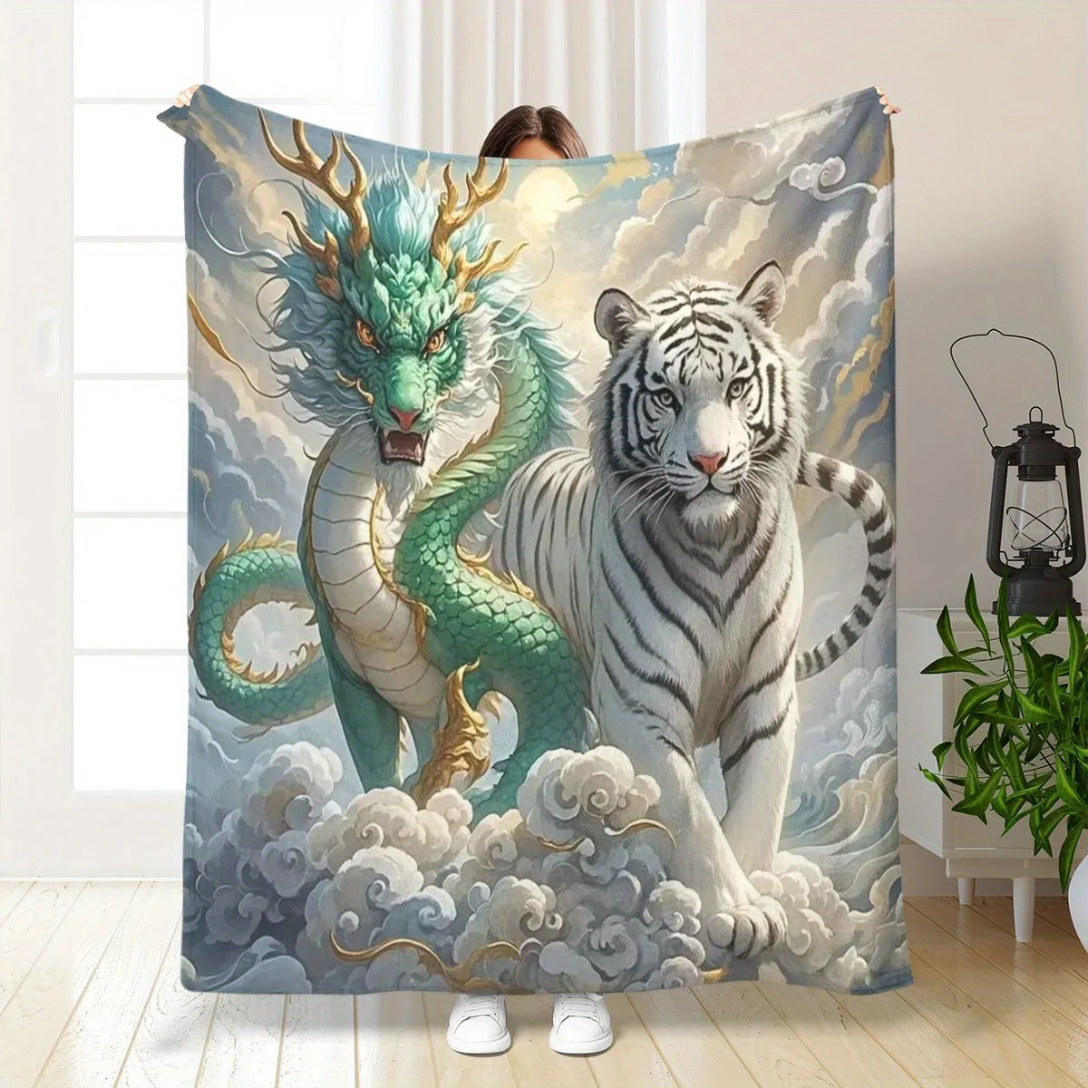 1pc Dragon and White Tiger Mythical Creature Mythical Creature Super Soft HD Polyester Printed Blanket for Home, Office, and Out