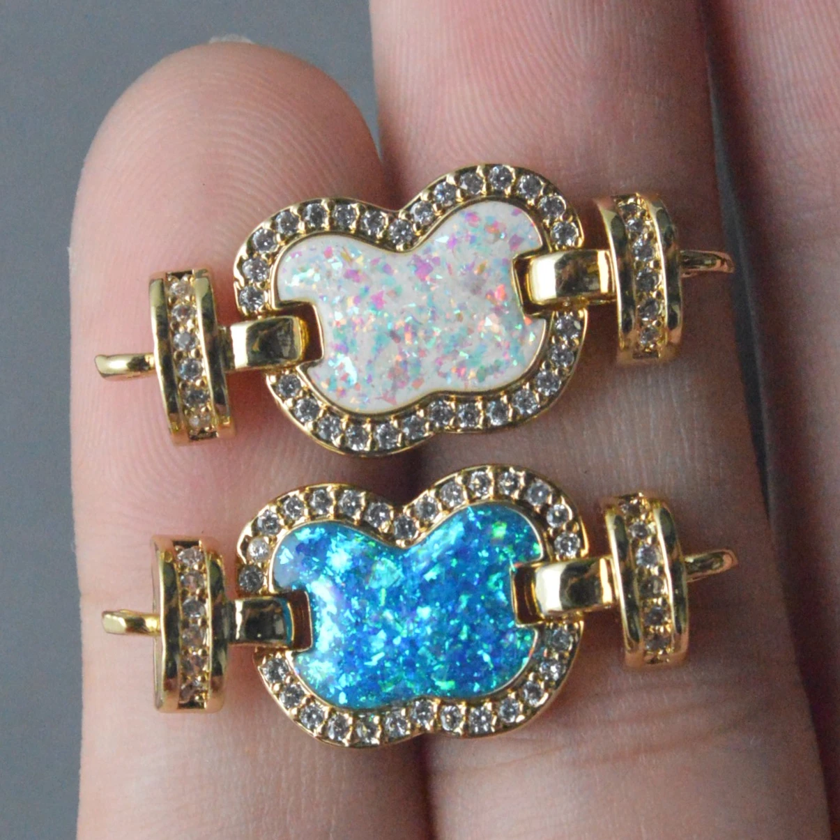 5pc Blue White Color Apple Shape Opal Paved Two Loops Jewelry Connector Charms