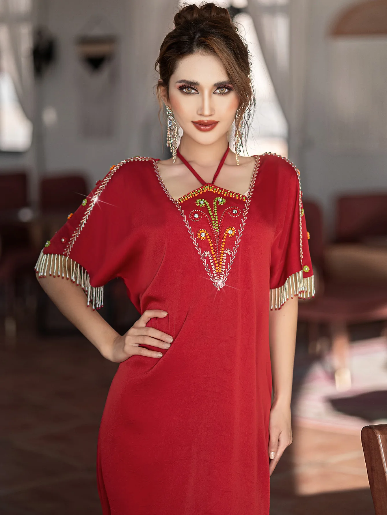 

Femme Musulmane Vestidos Longue Jalabiya Beaded Abaya Dubai Luxury Muslim Dress for Women Morocco Kaftan Islam Clothing Caftan