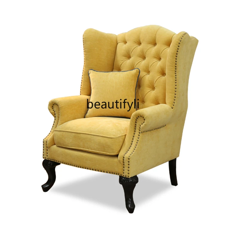 

American Fabric Wingback Chair Solid Wood Backrest Simple Large and Small Apartment Type Bedroom Single-Seat Sofa Chair Villa