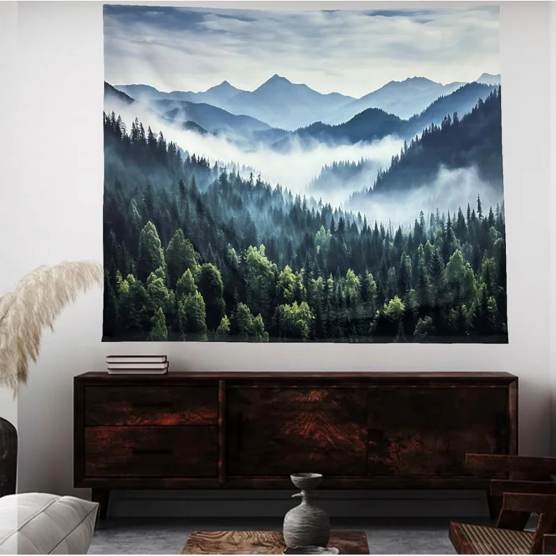 VIKAMA Healing Mountain Forest Mist Tapestry Blue-Green Mountain Range Forest Living Room Sofa Backdrop Wall Home Decor