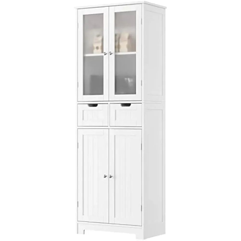 67" Tall Storage Cabinet, Freestanding Pantry Cabinet with Glass Door and Shelves, Linen Bathroom Cabinet with 2 Drawers