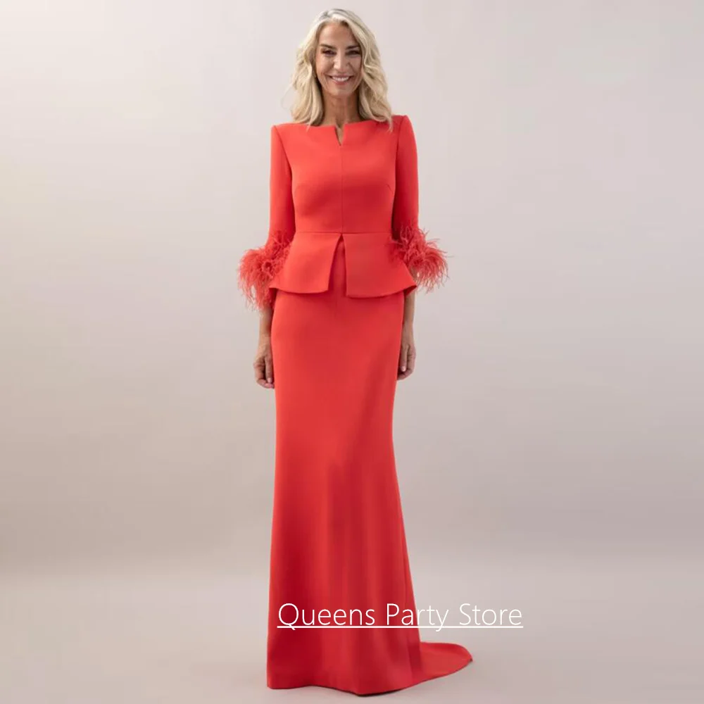 Customized Mother of The Bride Dress Elegant Feathers 3/4 Sleeves V Neck Sweep Train Mermaid Evening Gown Guest Party Dresses