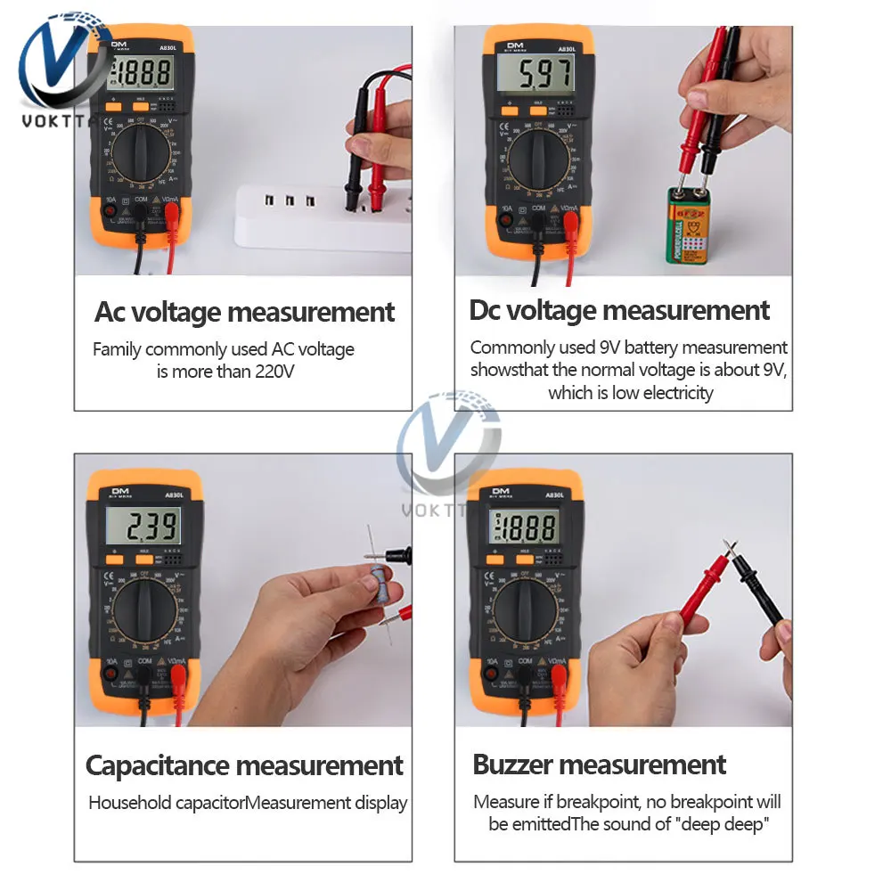 Imagem -05 - Multímetro Digital Medidor de Tensão Inteligente Amperímetro Tester Diodo Frequência Ohm Transistor Capacitância A830l ac dc