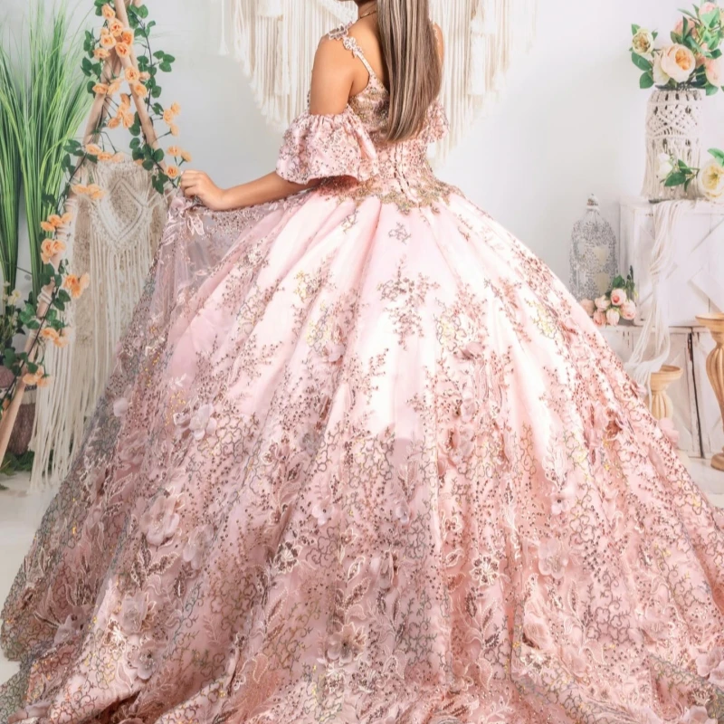 Robes De Quinceanera rose hors De l'épaule Applique fleur perles cristal tulle fête anniversaire douce 16 robe robes 15 De Anos
