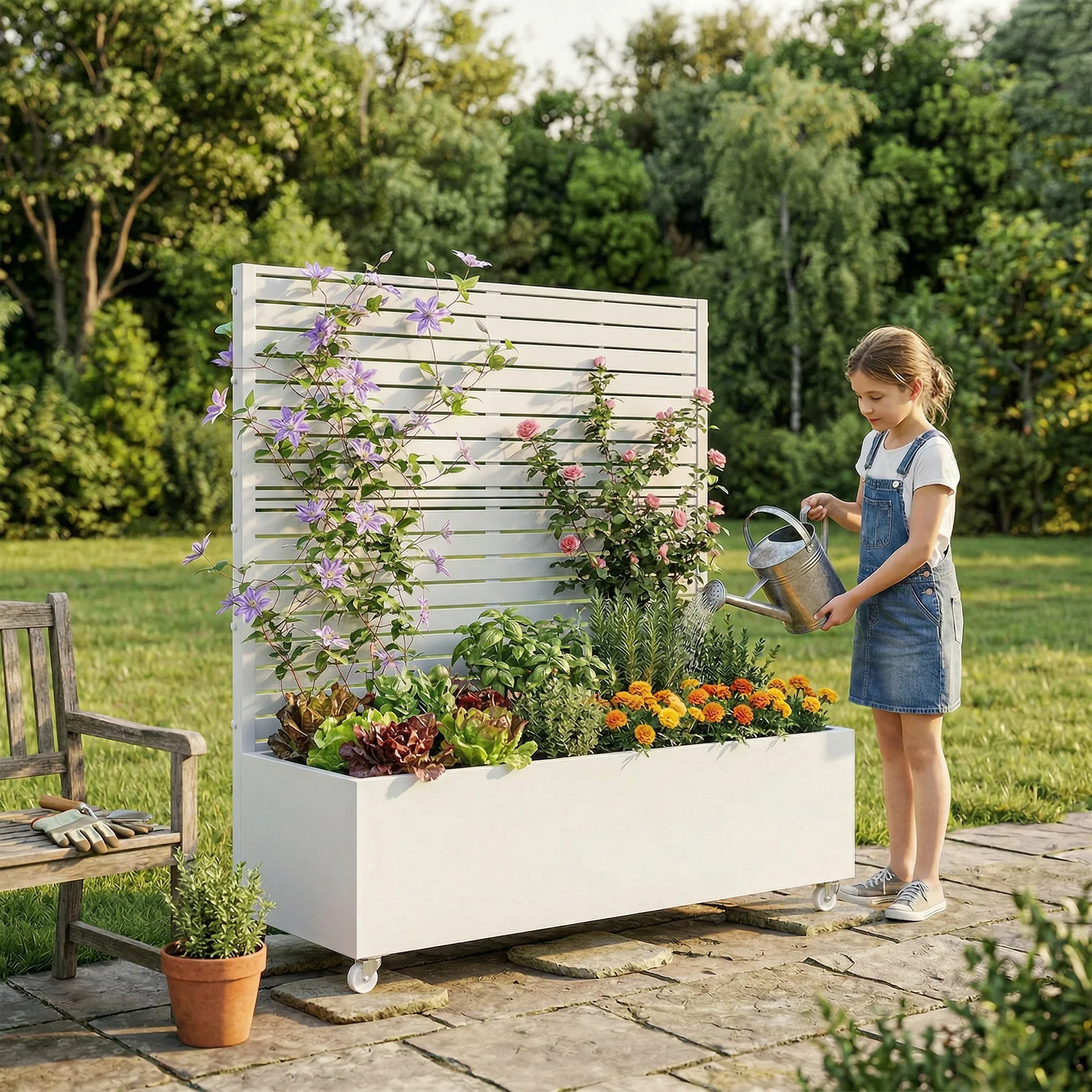 4 ft. H x 4 ft. W Metal Planter Box privacy screen Garden Bed with Trellis and Wheels - White view 3