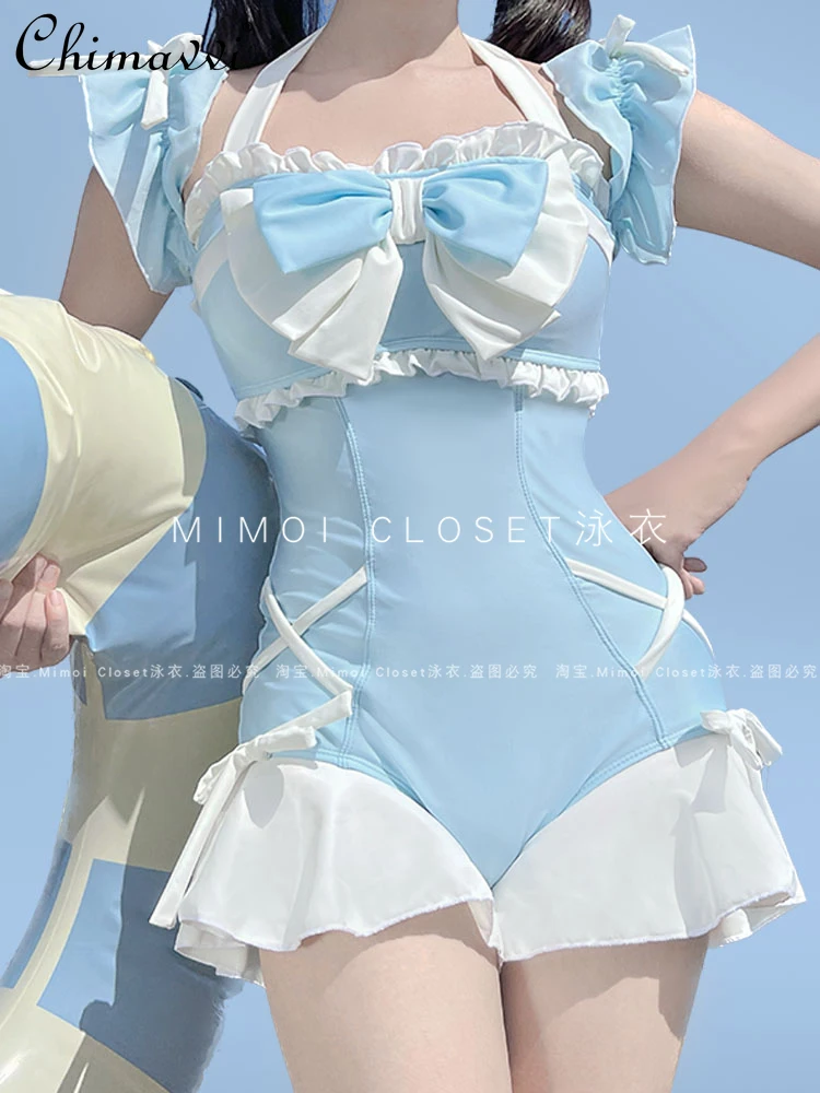 New Lolita Fashion Bow Girl Cute Water Blue Swimsuit Hot Spring Bathing Swimwear Japanese Style Women One Peice Swim Suit