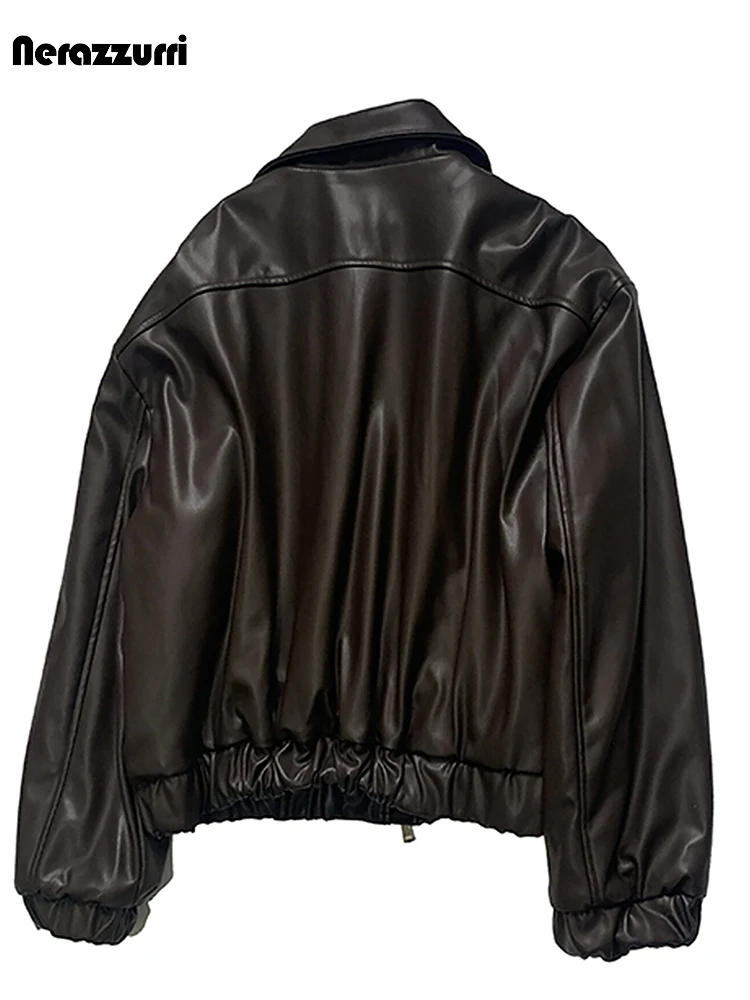 Nerazzurri Autumn Witner Brown Short Quilted Soft Pu Leather Jacket Women Zipper Loose Casual Korean Fashion Clothes 2026