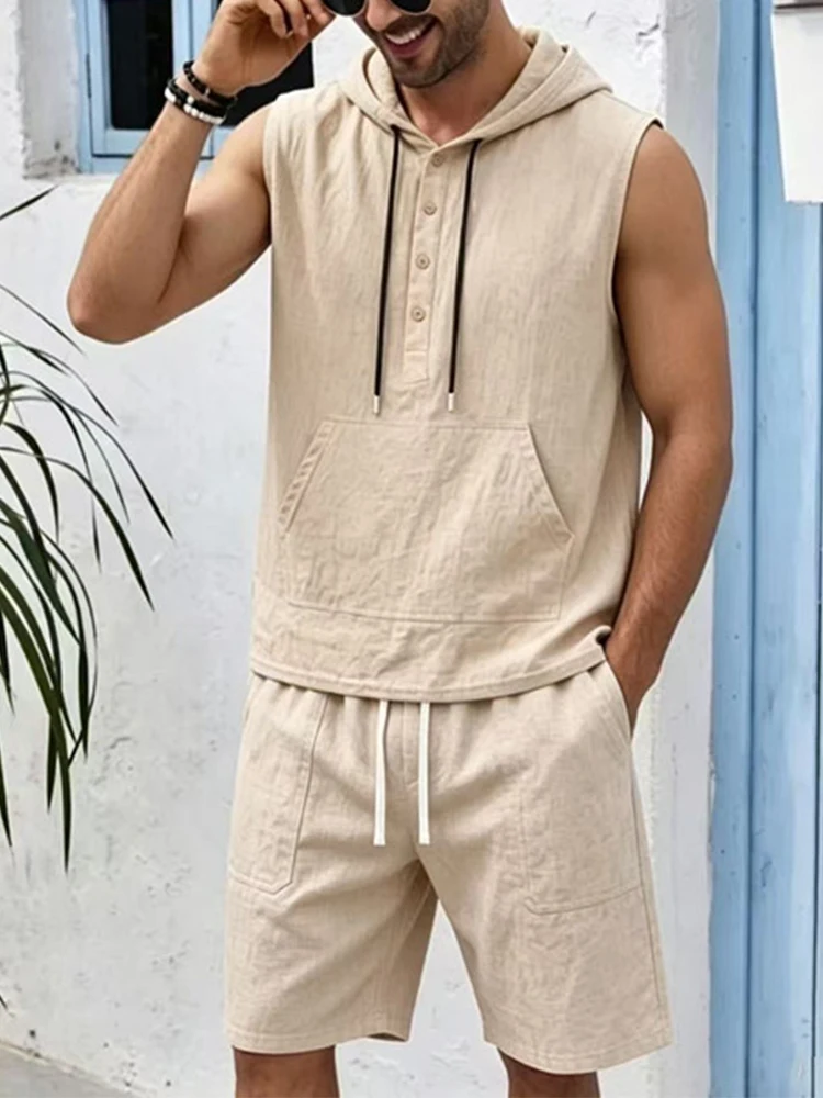Daily Leisure Linen Two Piece Sets Mens Trendy Hoddie Lave-up Outfits Summer Casual Loose Fit Sleeveless Tops And Shorts Suits