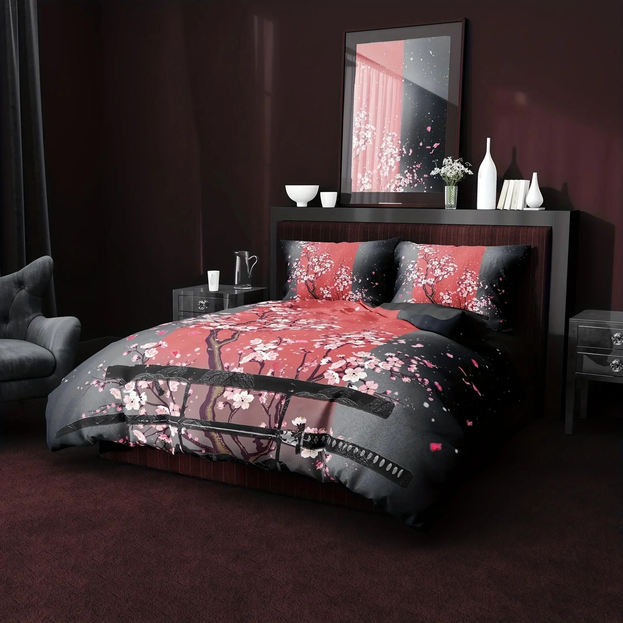 3-Piece Queen Size Samurai Sword Red Sakura 3D Print Duvet Cover Set - Ultra Soft, Breathable, and Vibrant Bedding with Zipper