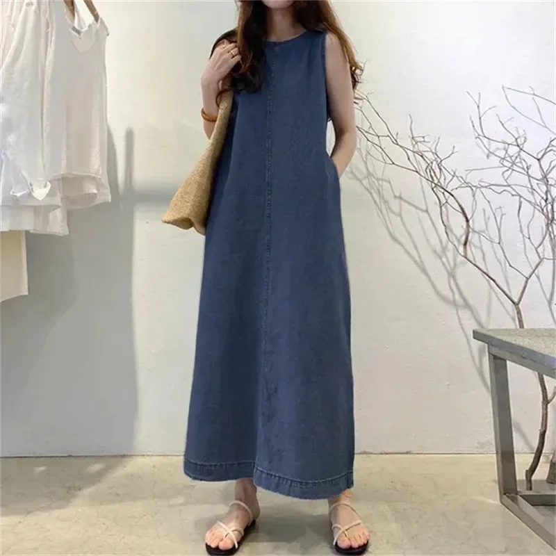 2025 夏の新ファッションロングノースリーブラウンドネックデニムベストドレス女性ルーズフィットドレス服