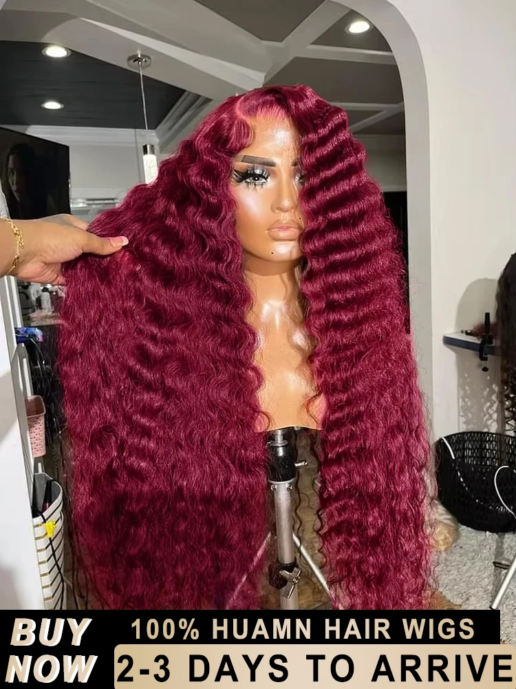 

220 Density 99J Burgundy 30 40 Inch Deep Wave 13x6 Lace Front Wig Curly Red Colored 13x4 HD Transparent Lace Frontal Human Hair