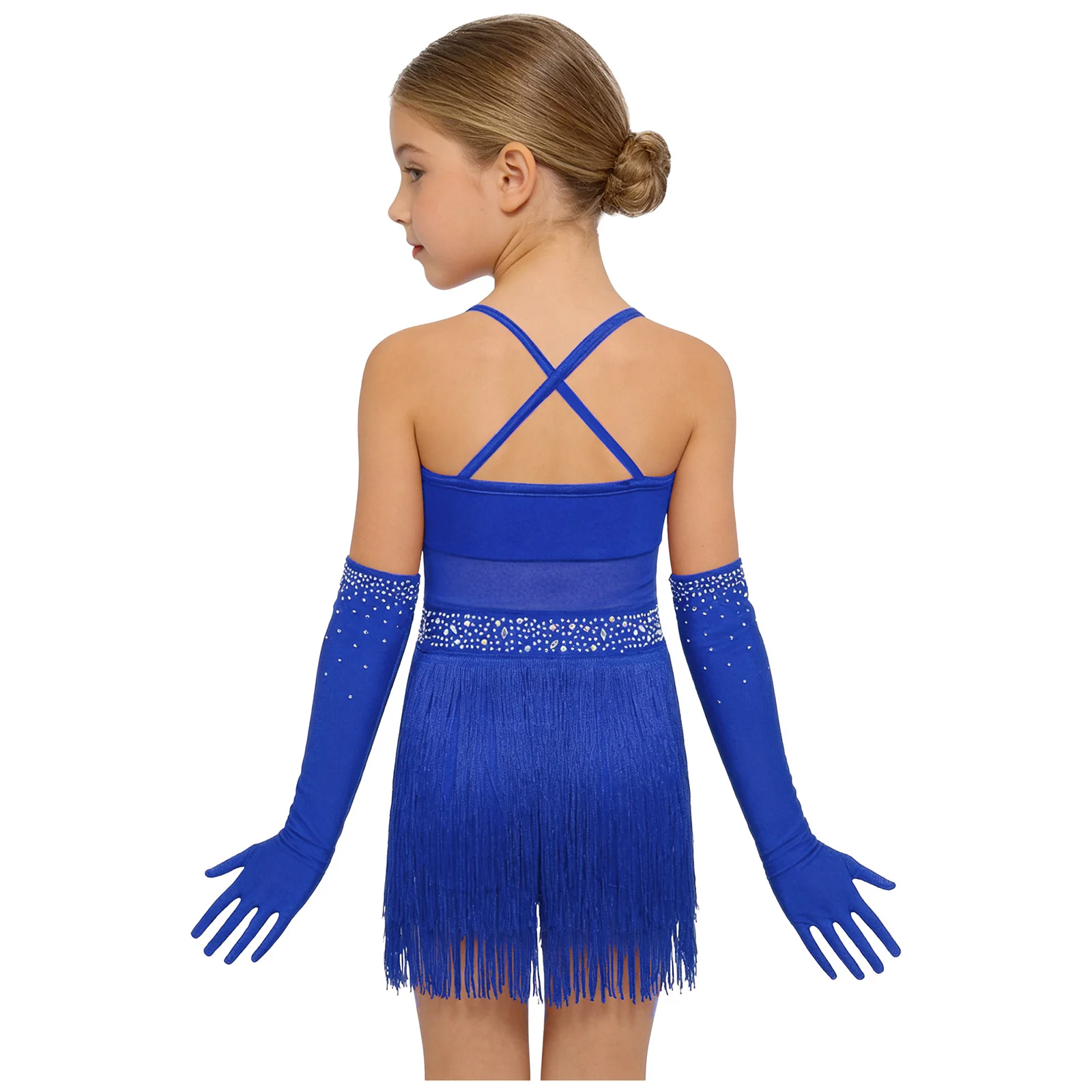 Robe de danse latine pour filles avec gants en maille, robe à franges en maille ornée de strass brillants, tenue de danse de salon Samba Tango