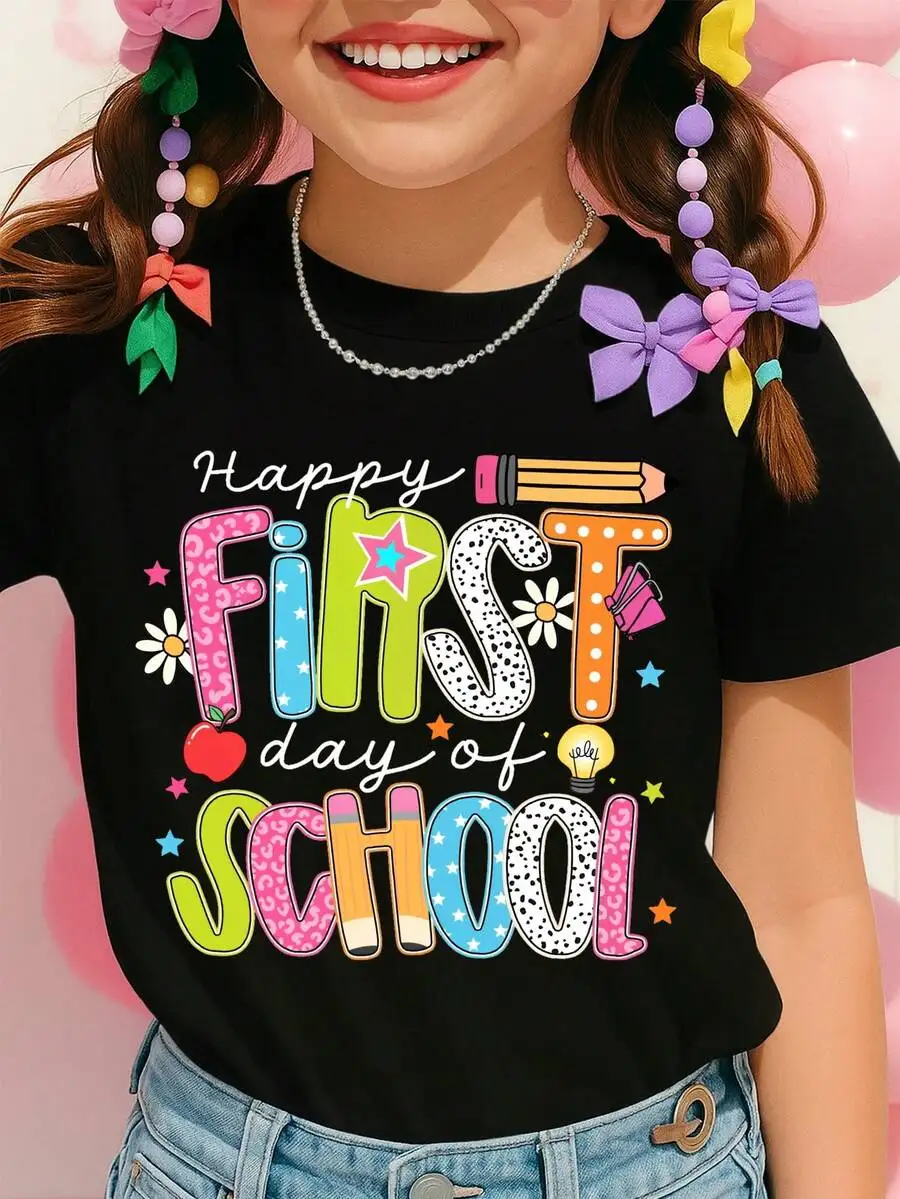 Young Girls Happy First Day Of School Colorful Letter Pencil Apple Print Graphic Tee, Soft Casual Short Sleeve Summer Top For Ba