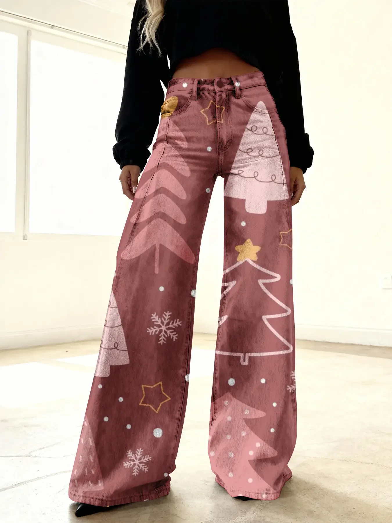 Ladies' new Christmas printed jeans made of imitation denim fabric, casual and fashionable, featuring a variety 