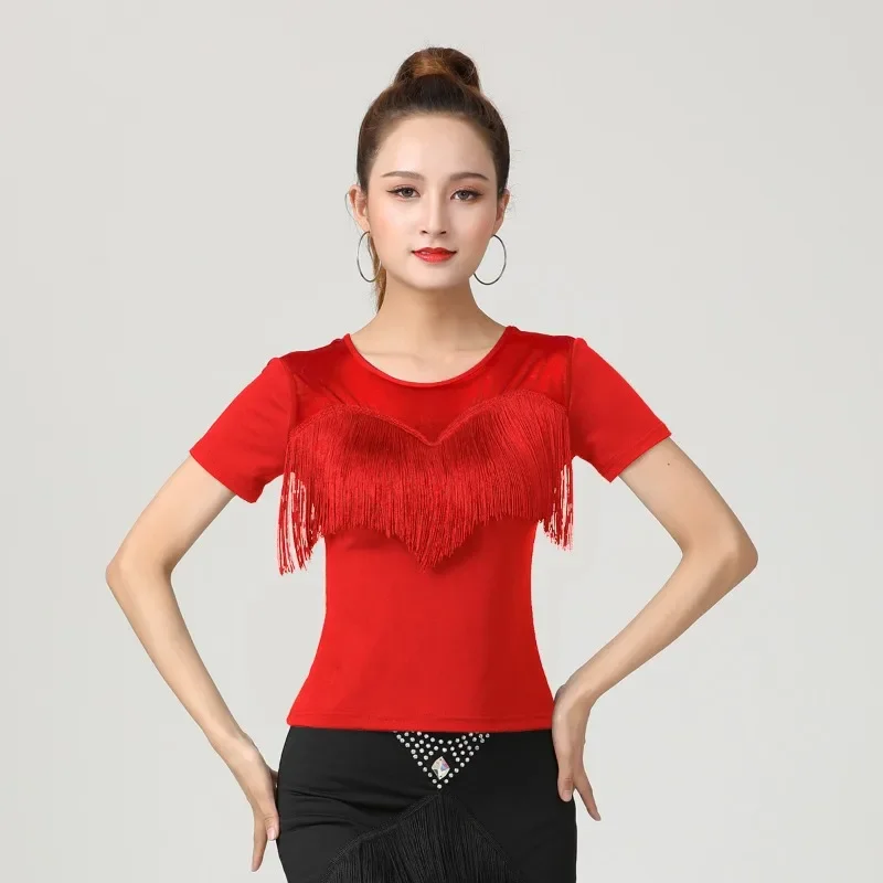 New High-end Slim Short Sleeve Irregular Tassel Skirt Practice Clothing Latin Dance Wear for Female Adults 2024 Four Seasons