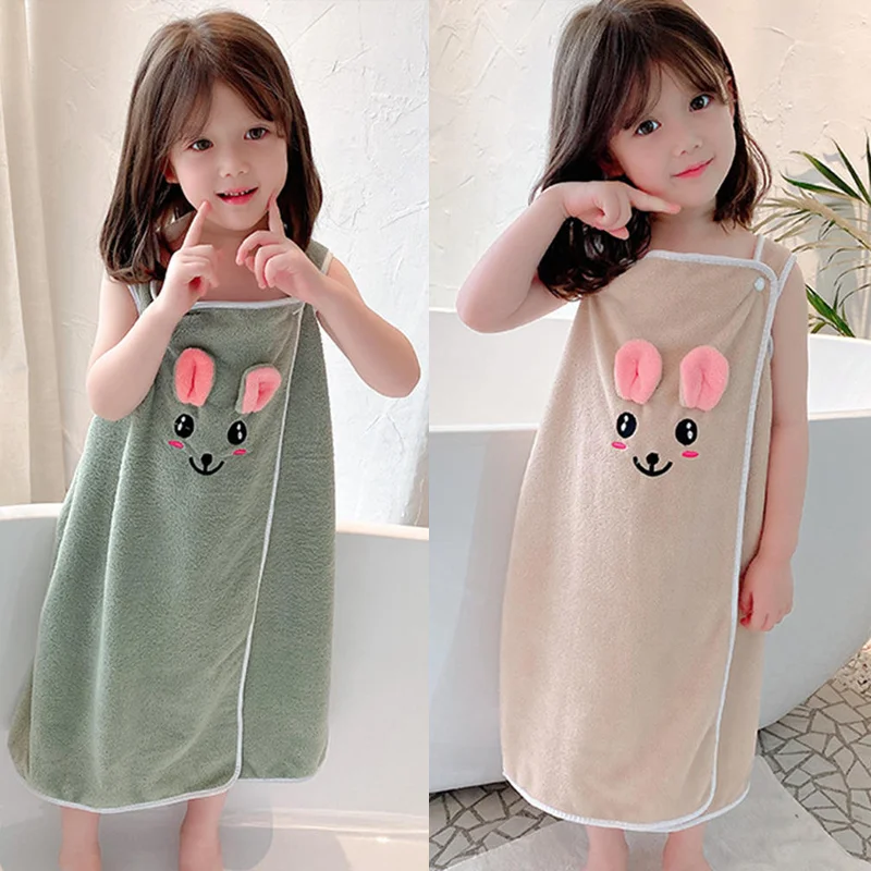 Children\'S Coral Fleece Bath Towel Absorbent Wearable Bathrobe Swimming Beach Shower Blanket Sauna Suspenders Nightdress Dress